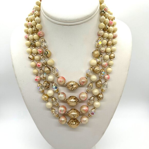 Japan Jewelry - Vintage 4-Strand Japan Necklace Pink Swirled Beads Glass Acrylic Gold-Tone 1950s